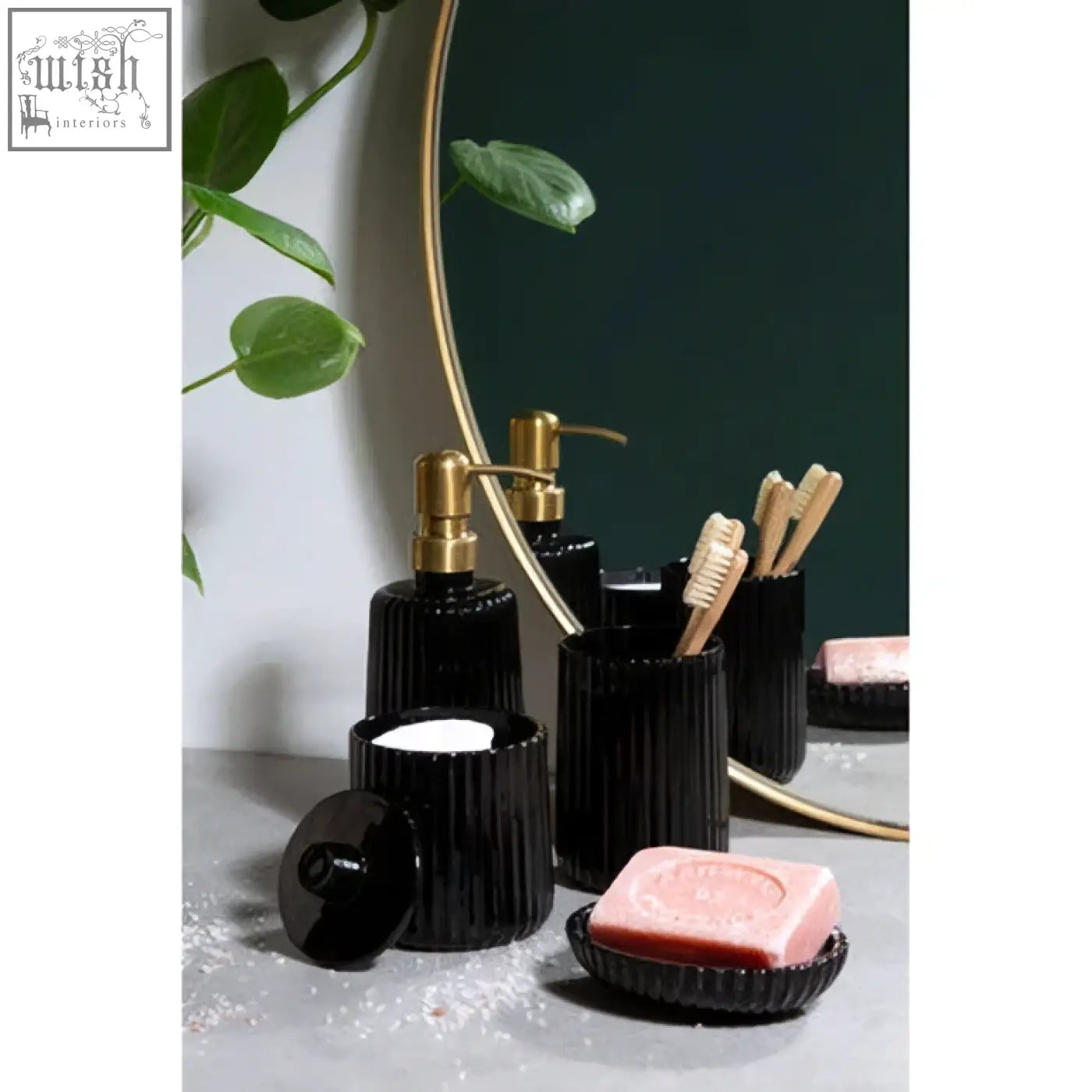 Ticino brittany black glass soap dish with black ribbed ceramic set and gold-tone pump and brush holders