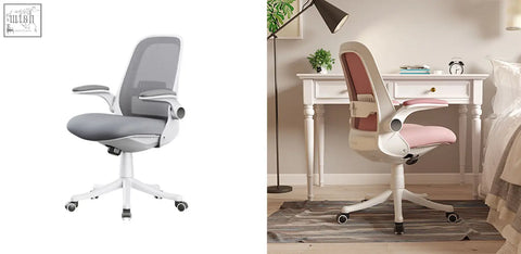 Gray mesh ticova office chair with white painted steel base and armrests for comfortable middle back support