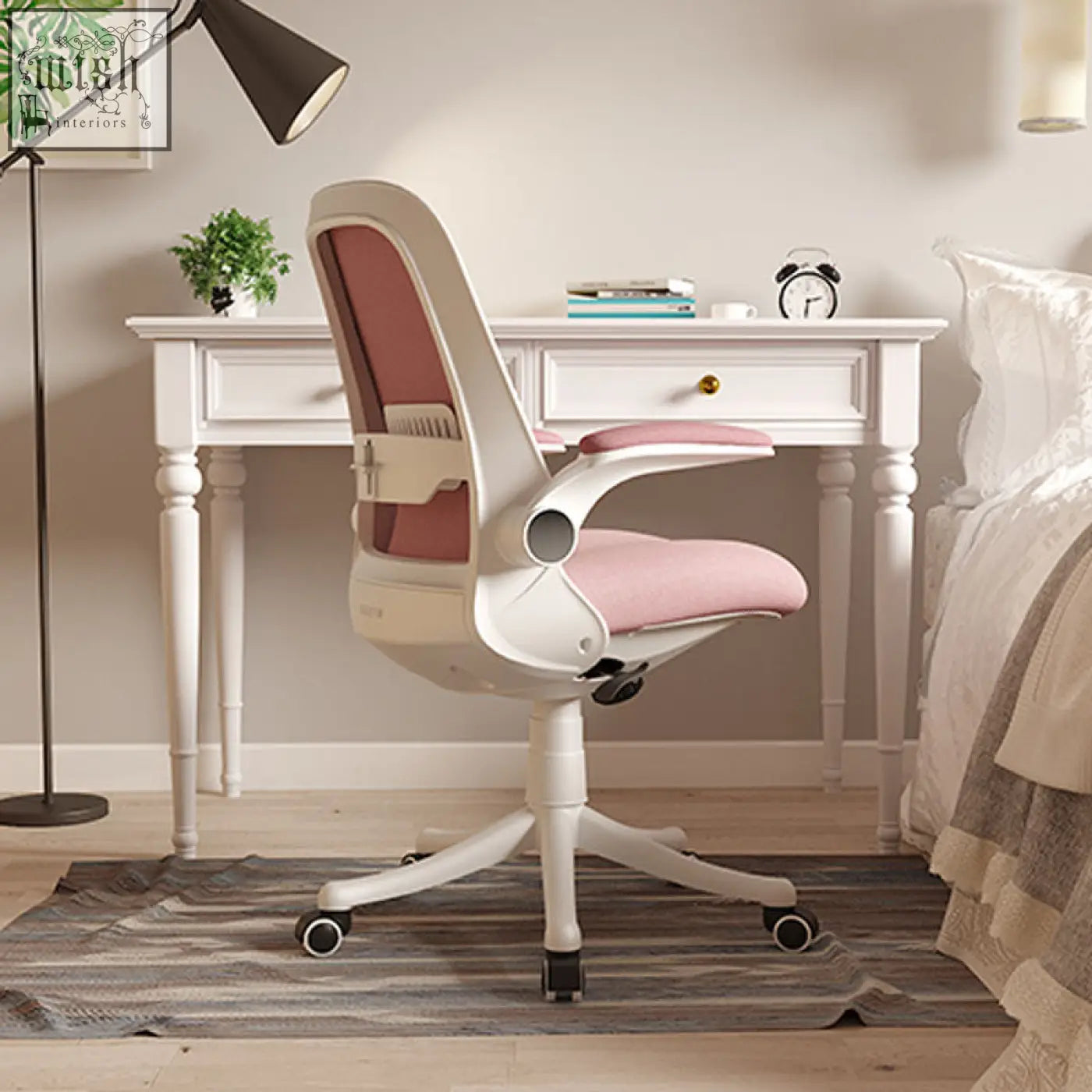 Modern ergonomic ticova office chair with white plastic frame pink fabric seat and black caster wheels for office use
