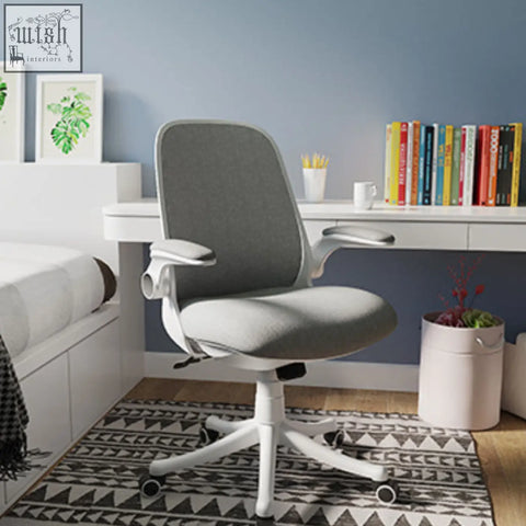 Modern gray mesh ticova office chair with white plastic frame and casters for comfortable office use
