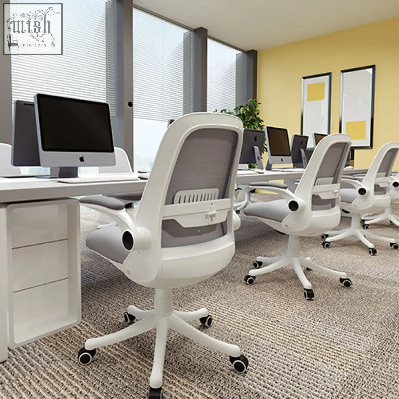 White ticova office chair with gray mesh back and seat painted steel frame and adjustable armrests on five-wheel base