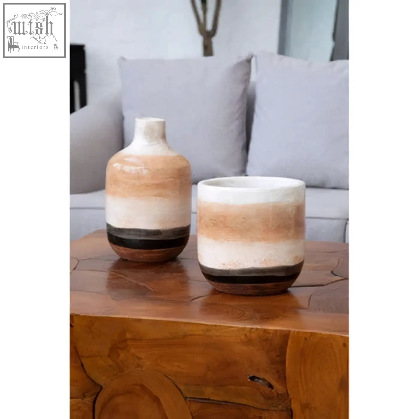 Two rustic ceramic Tierra earthenware planters with beige cream and dark brown bands natural earthenware planter