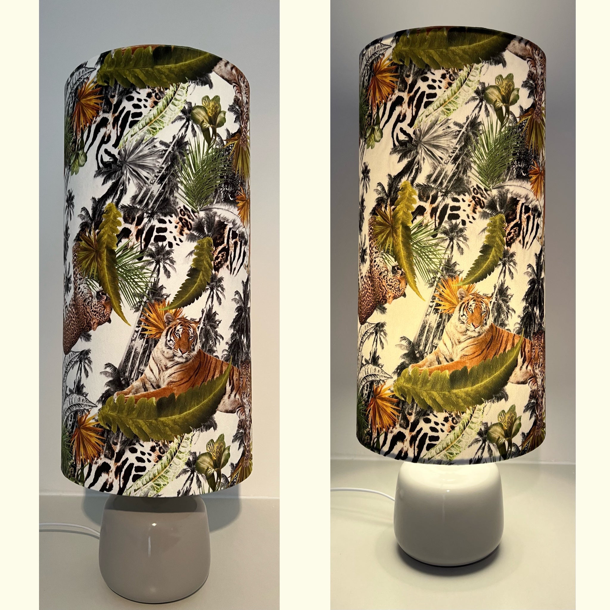 Extra tall velvet cylinder lampshade with vibrant cheetah jungle print featuring tigers zebras on a cream background