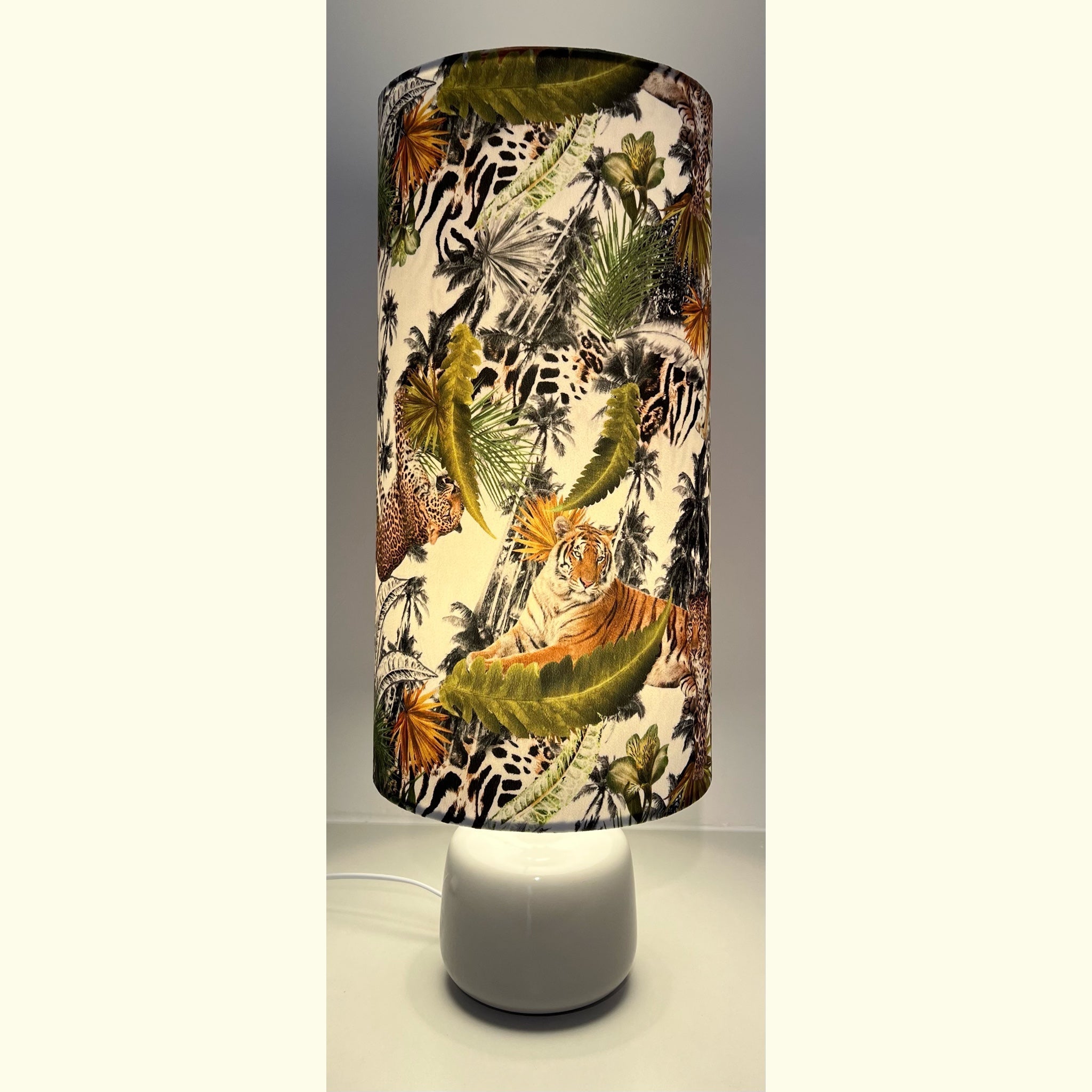 Extra tall velvet cylinder lampshade with a vibrant cheetah jungle velvet print of tigers zebras and green foliage