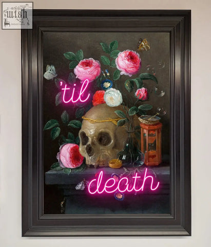 A til death skull framed wall art featuring a skull with a golden band surrounded by pink roses and neon til death text