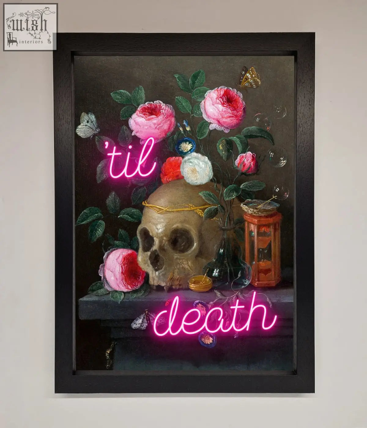 A til death skull framed wall art featuring a skull with a golden band, pink and white roses, butterflies, and neon pink text