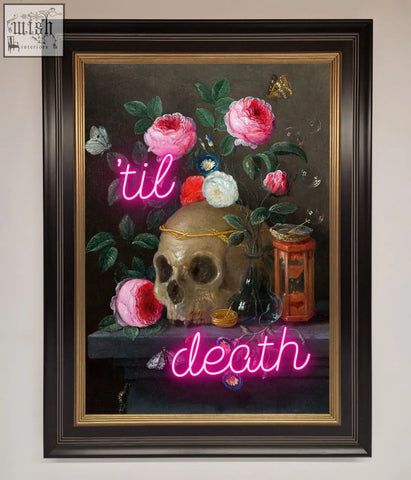 Framed til death skull wall art featuring a skull with a golden band surrounded by pink roses and neon text til death