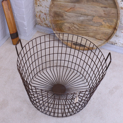 Dark brown metal wire industrial basket with radial pattern and handles for tilpi industrial basket table use