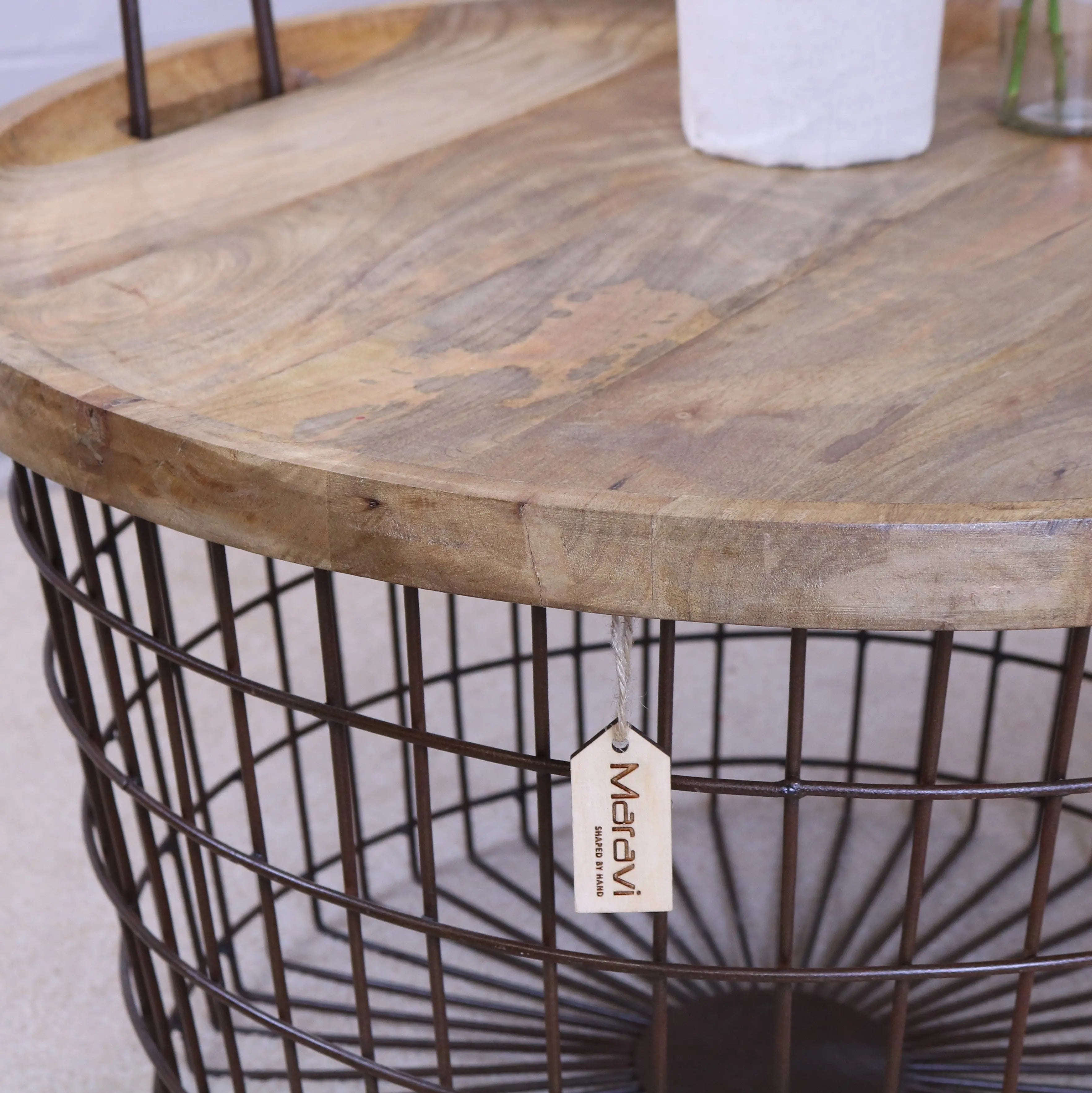 Tilpi industrial basket table with round light brown wooden lid and dark metal wire basket base for storage or decor