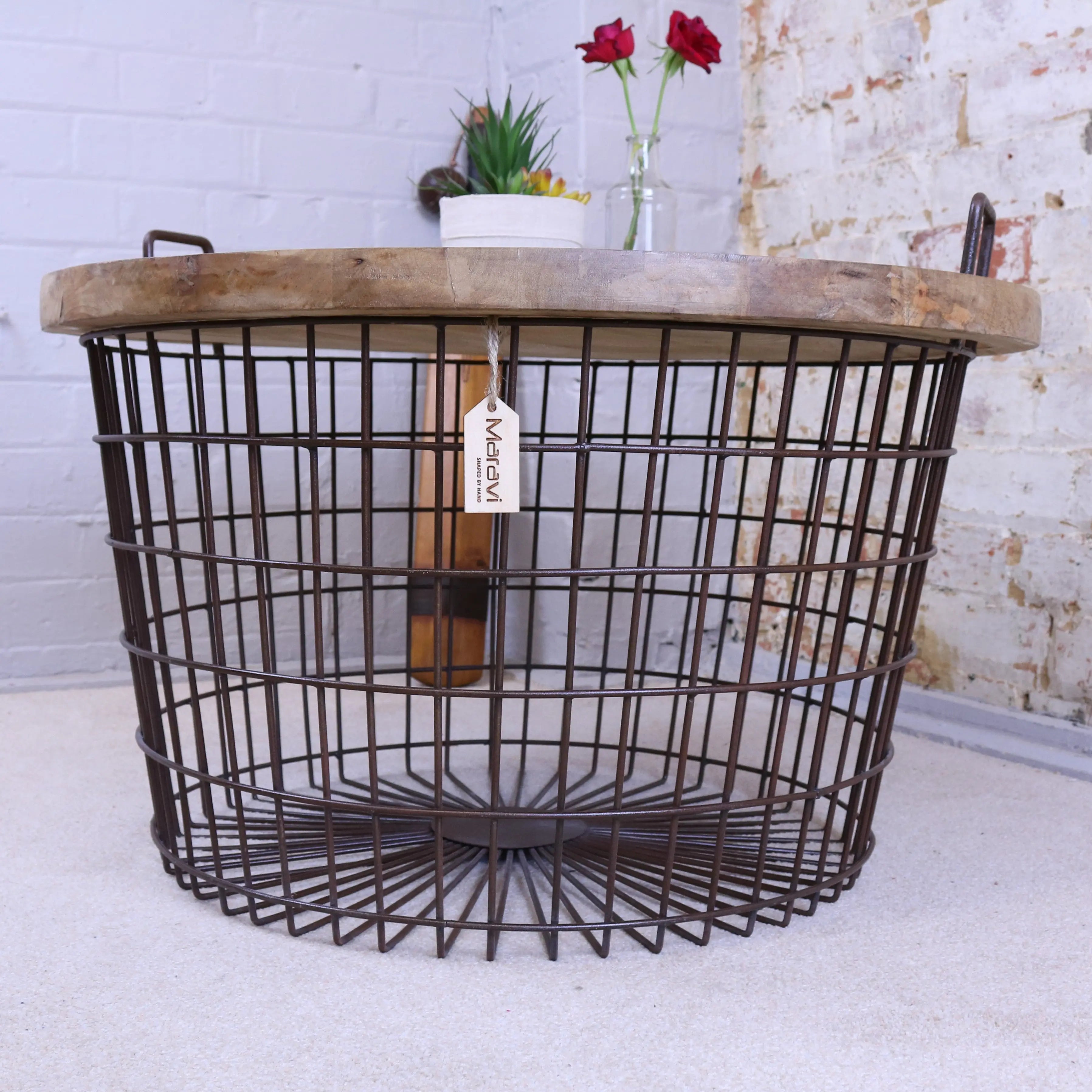 Rustic tilpi industrial basket table with natural wood top metal handles and wire basket base in black metal