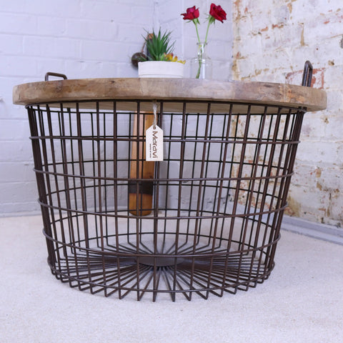 Rustic tilpi industrial basket table with natural wood top metal handles and wire basket base in black metal