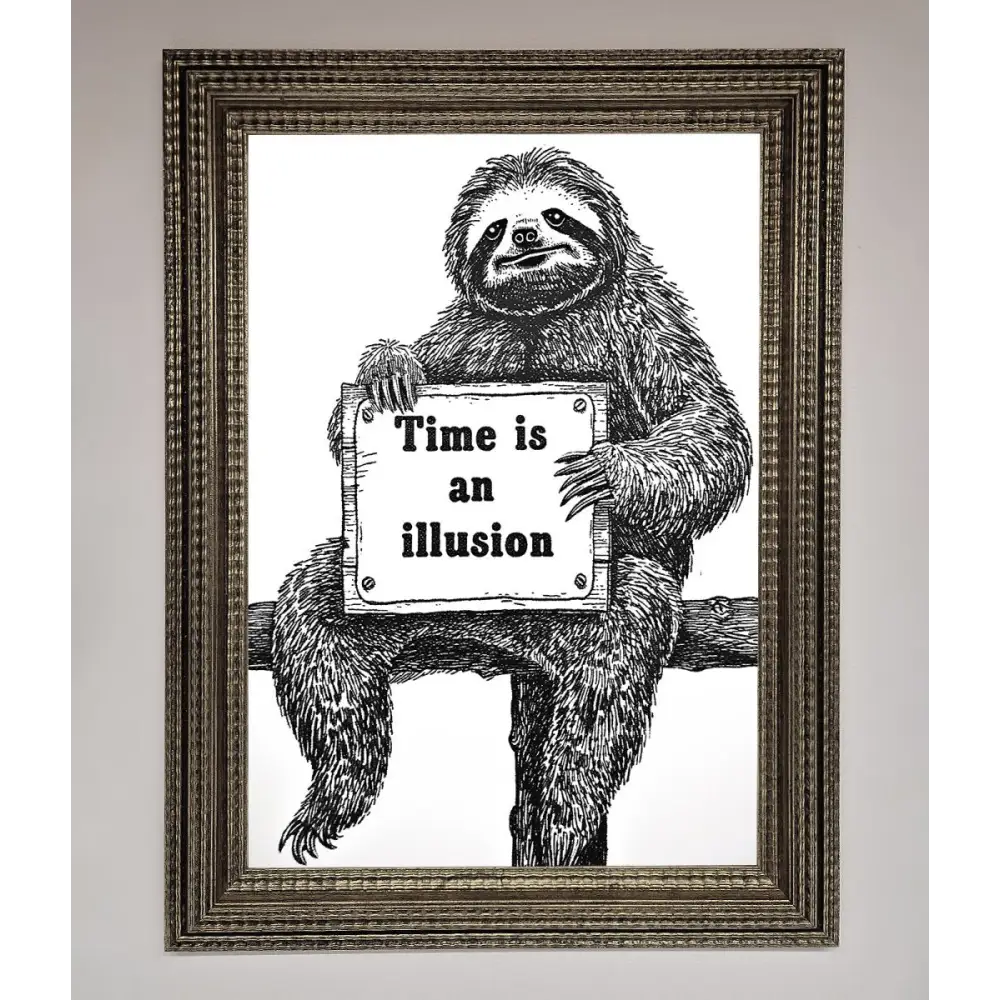 Time Is An Illusion Sloth Black Framed Poster - A3 (29.7 x 42 cm) / Ornate Silver - Framed Print