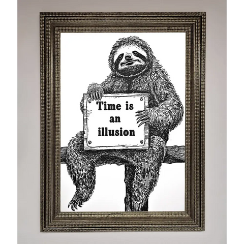 Time Is An Illusion Sloth Black Framed Poster - A3 (29.7 x 42 cm) / Ornate Silver - Framed Print