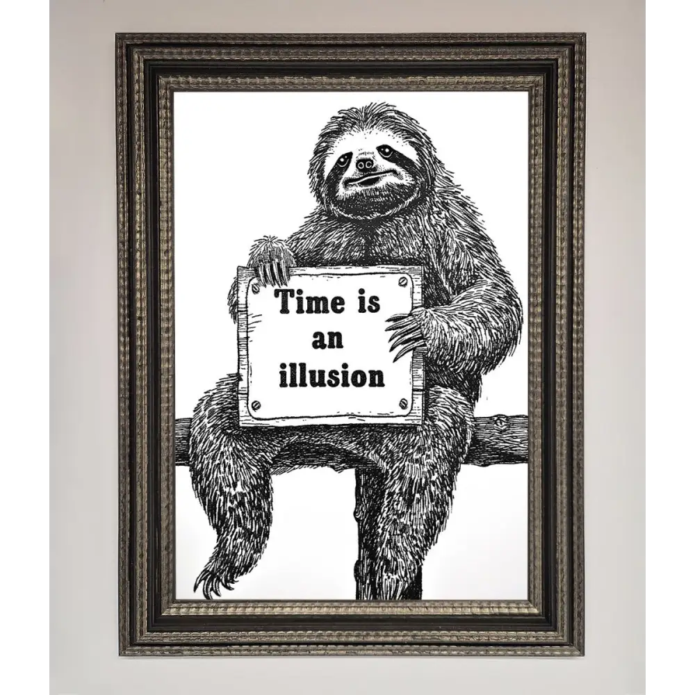 Time Is An Illusion Sloth Black Framed Poster - A3 (29.7 x 42 cm) / Ornate Silver Black - Framed Print