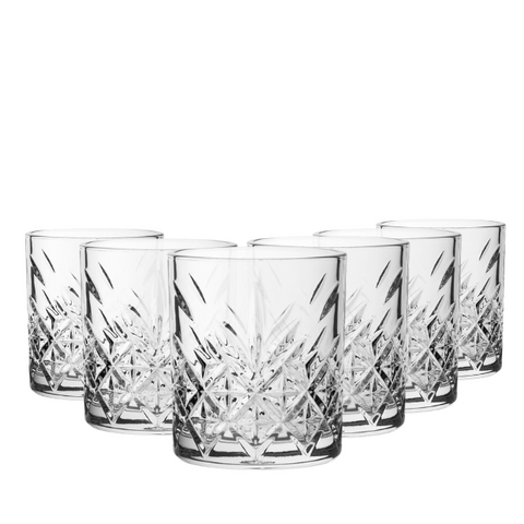 Set of six clear crystal cut whisky tumblers with intricate diamond-cut patterns perfect for whiskey lovers
