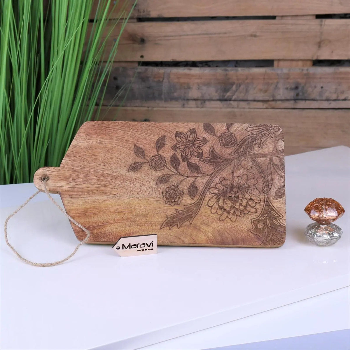 Tingda mini serving board 30cm light brown wood with floral engraving and natural twine loop handle perfect for mini serving