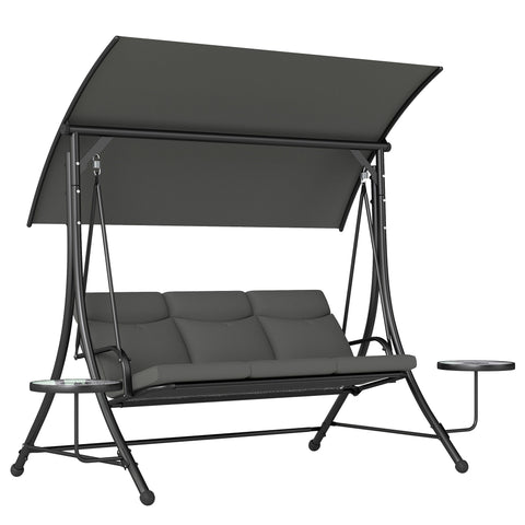 Outsunny 3 Seater Garden Swing Chair with Adjustable Canopy, Cushion and Coffee Tables for Outdoor Dark Grey