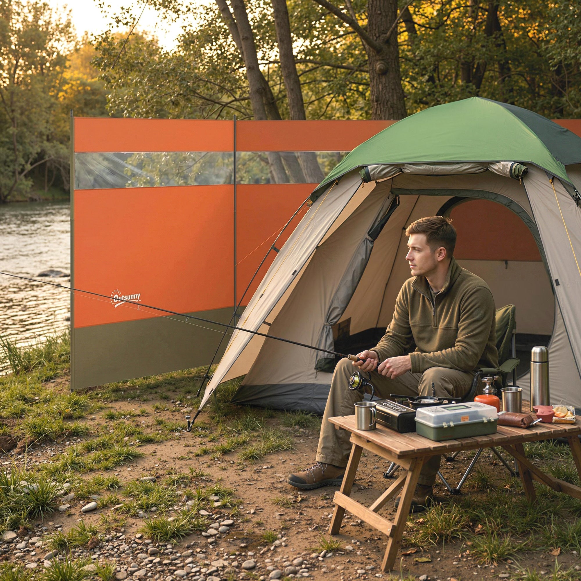 Outsunny Camping Windbreaker with Clear Windows, Carry Bag and Steel Poles, for Beach Caravan Campervan, 440 x 140cm, Orange