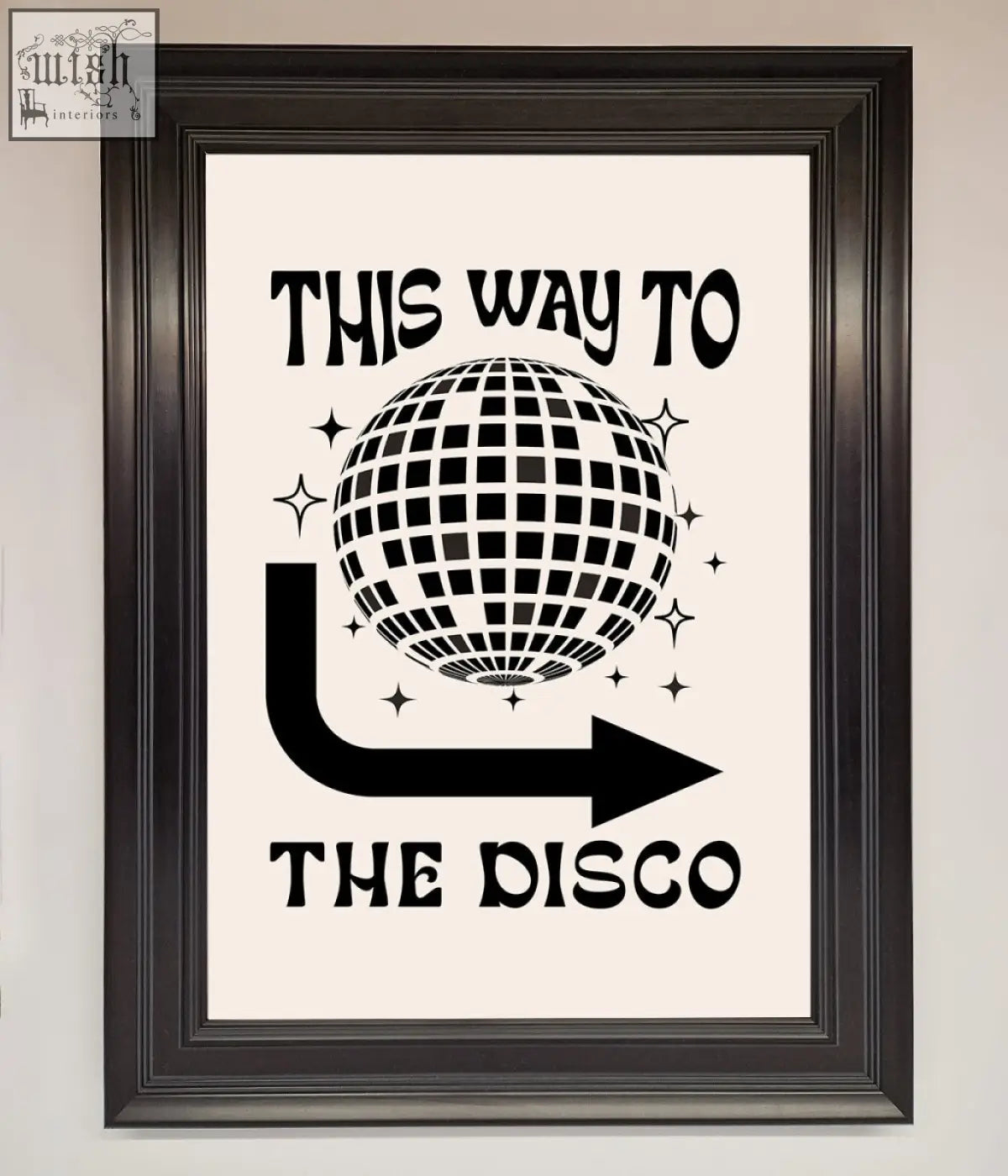 Black-framed disco framed poster with stylized disco ball and bold this way to the disco text on off-white background