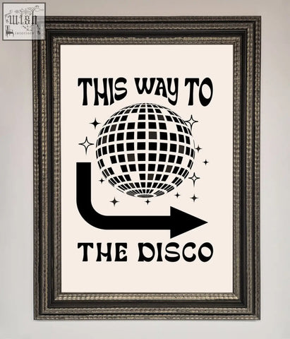 Black and white disco framed poster featuring a grid mirror ball, stars, and directional text in a sleek frame