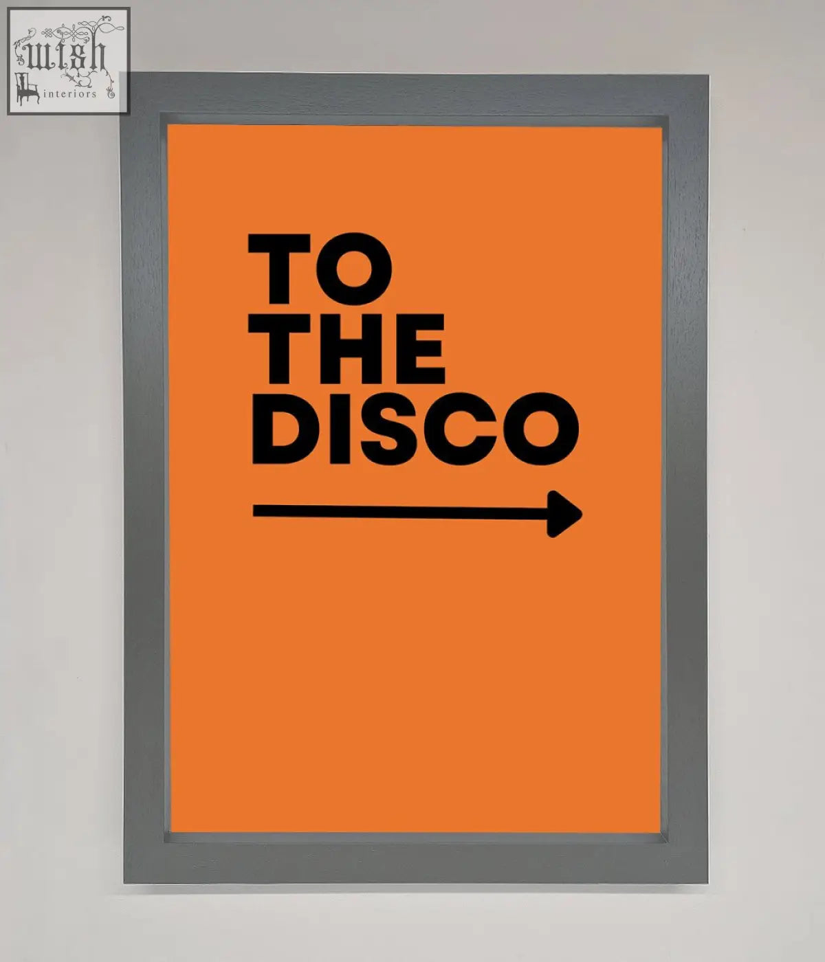 Orange framed disco framed print with bold black to the disco text and a right pointing arrow