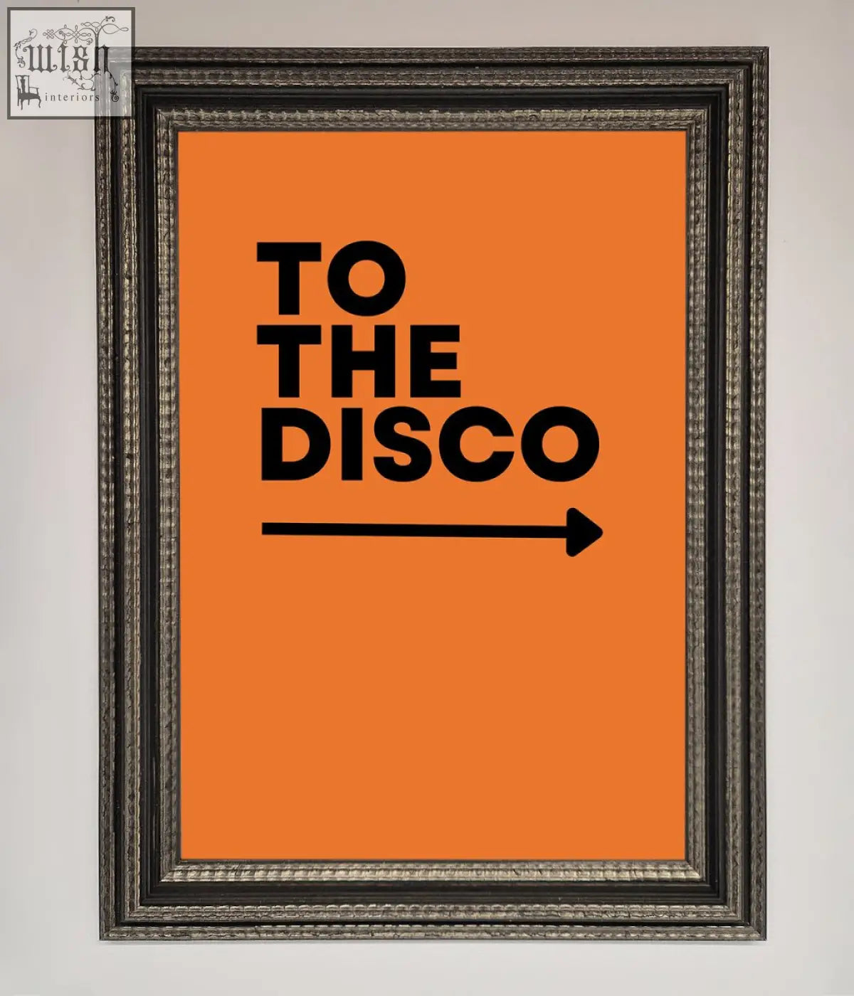 Orange framed disco framed print with black text to the disco and a right pointing arrow design