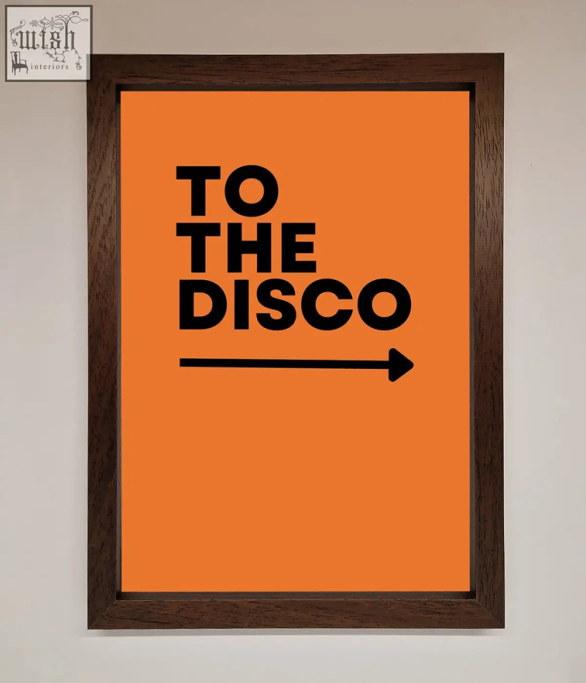Orange disco framed print with bold black text to the disco and a directional arrow in a sleek frame