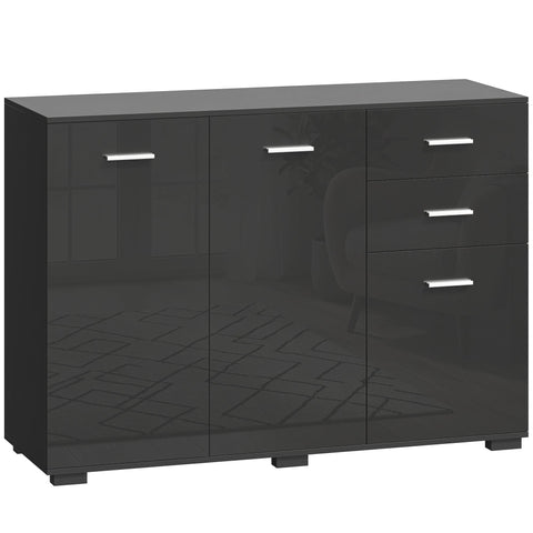 HOMCOM Sideboard, Modern Storage Cabinet with 2 Drawers, 3 Doors and Adjustable Shelves, High Gloss Black