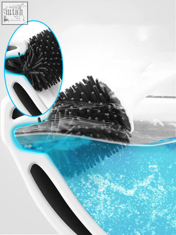 White and black dual-sided toilet brush with rubber head and dense bristles for effective bathroom cleaning and wall hanging