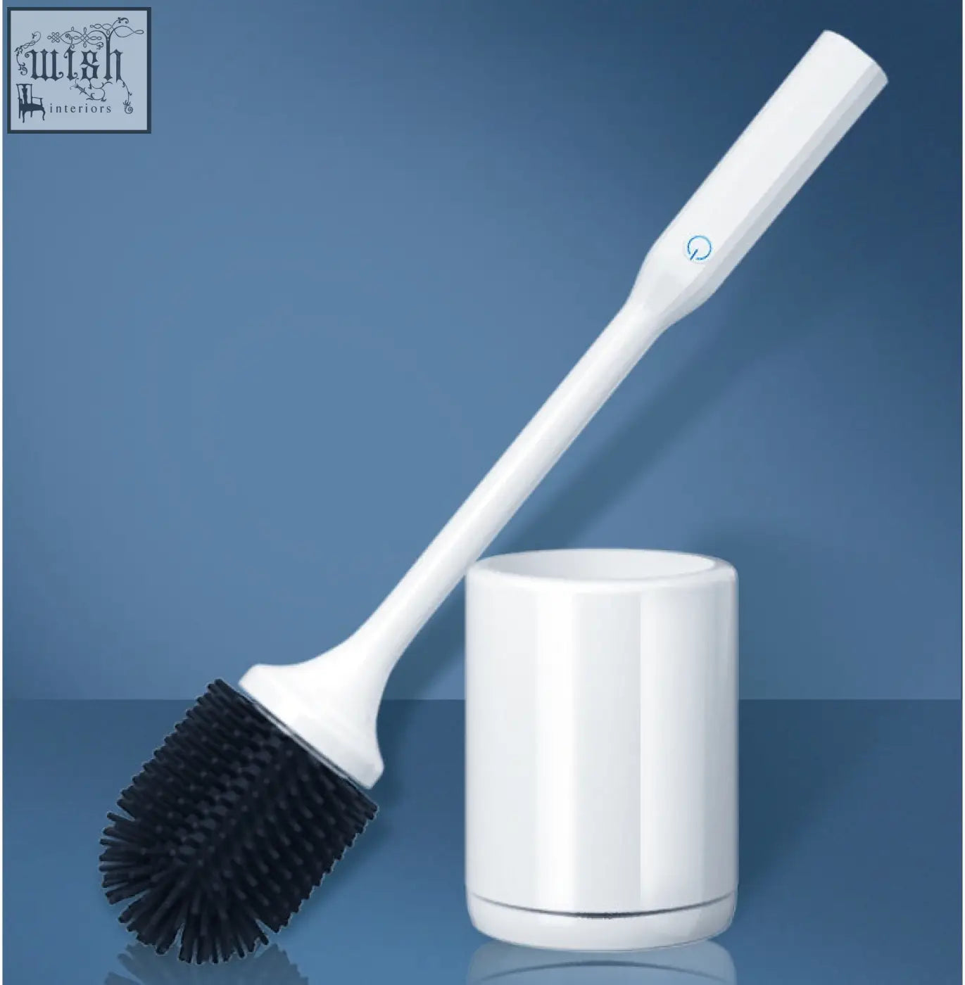 White toilet brush with black bristles and holder designed for bathroom cleaning with ipx7 waterproof feature