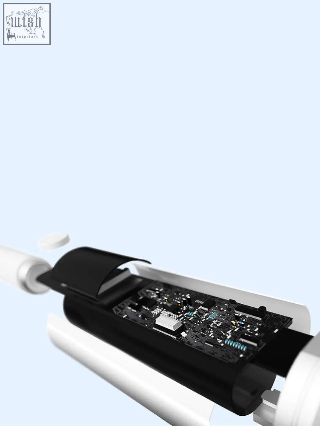 White cylindrical smart toilet brush with one-button start and ipx7 waterproof open casing showing internal circuit board