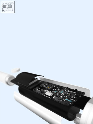 White cylindrical smart toilet brush with one-button start and ipx7 waterproof open casing showing internal circuit board
