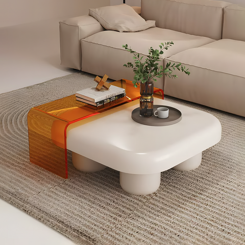Modern tok mark square nesting coffee table with white glossy top and orange acrylic side panels on rounded legs