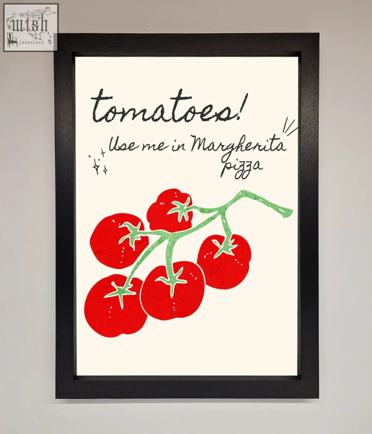 A pizza framed poster featuring vibrant artwork of red tomatoes on a vine with black cursive text above