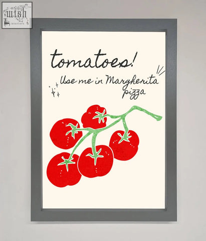 A pizza framed poster featuring vibrant artwork of red tomatoes on a vine with green leaves on off white background
