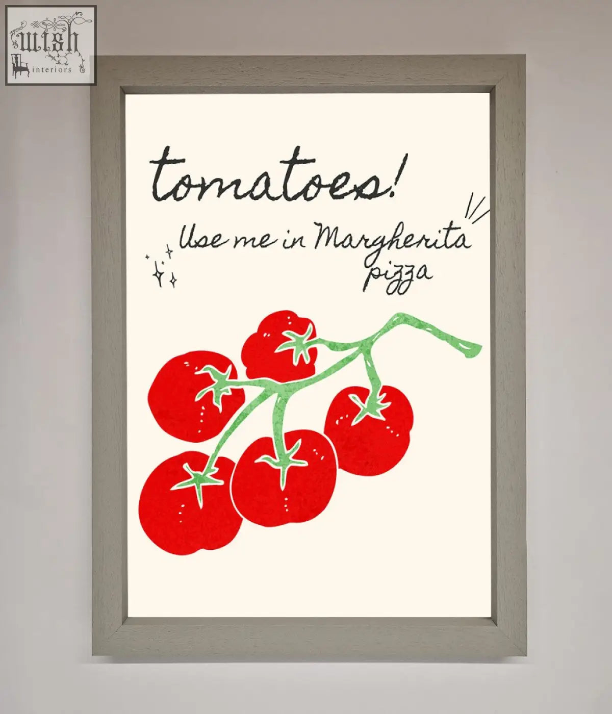A pizza framed poster featuring vibrant artwork of a red tomato vine with green leaves and margherita pizza text