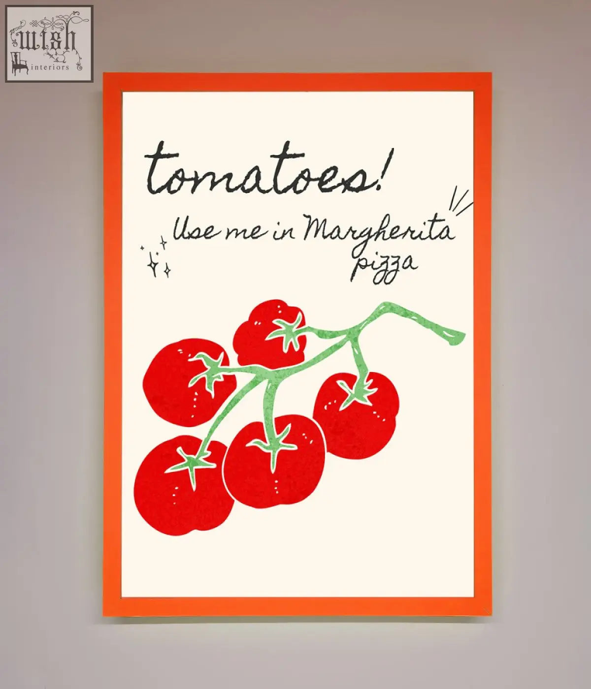 A vibrant orange-framed pizza framed poster with a stylized illustration of red tomatoes on a vine and playful text