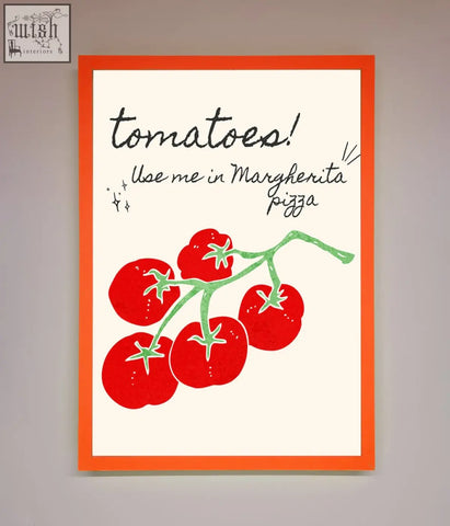 A vibrant orange-framed pizza framed poster with a stylized illustration of red tomatoes on a vine and playful text