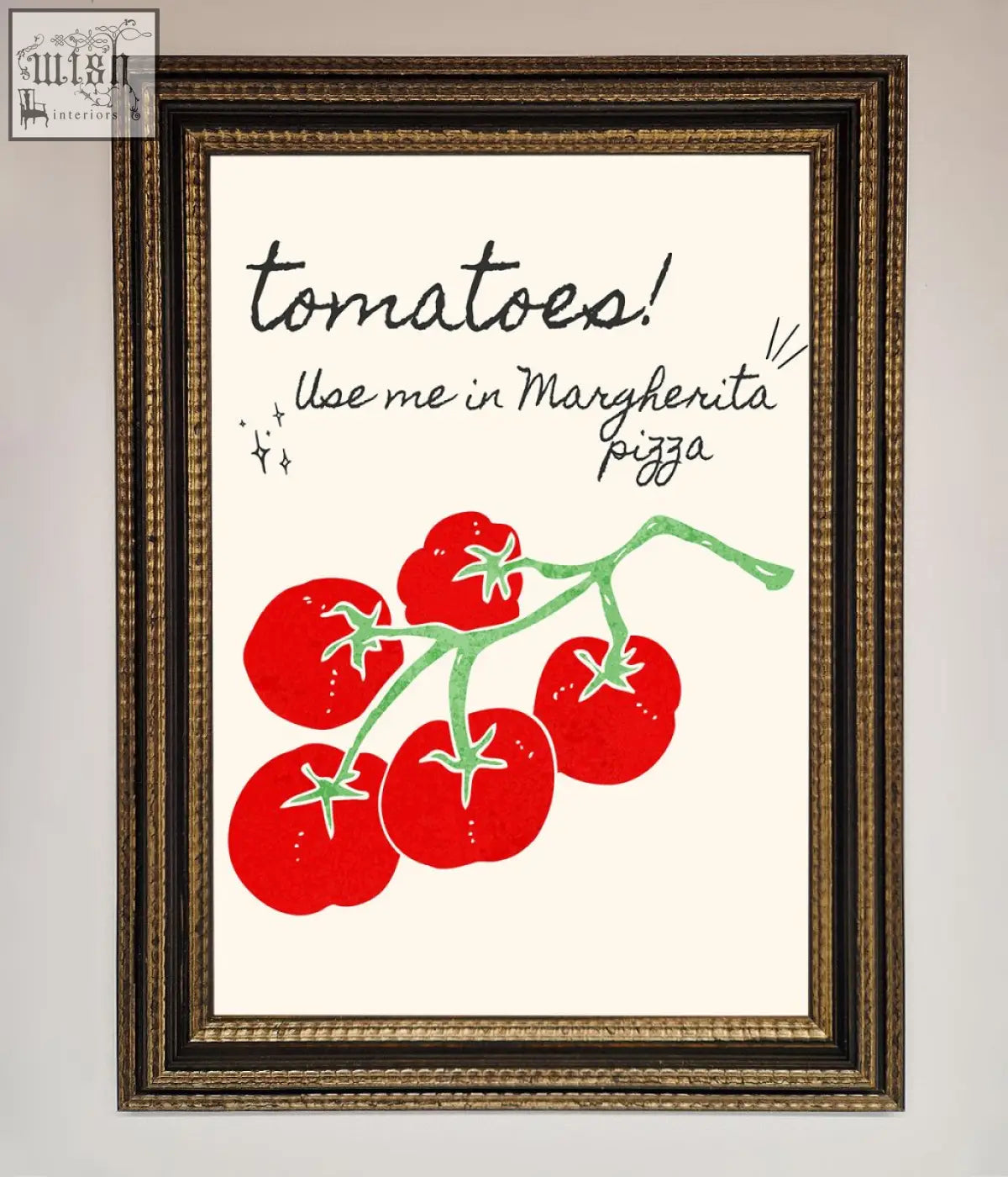 A vibrant pizza framed poster featuring a red tomato vine with green leaves and playful black text on off white background