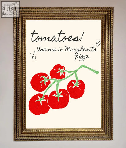 A pizza framed poster with vibrant red tomato vine and green leaves on off-white background with playful black text