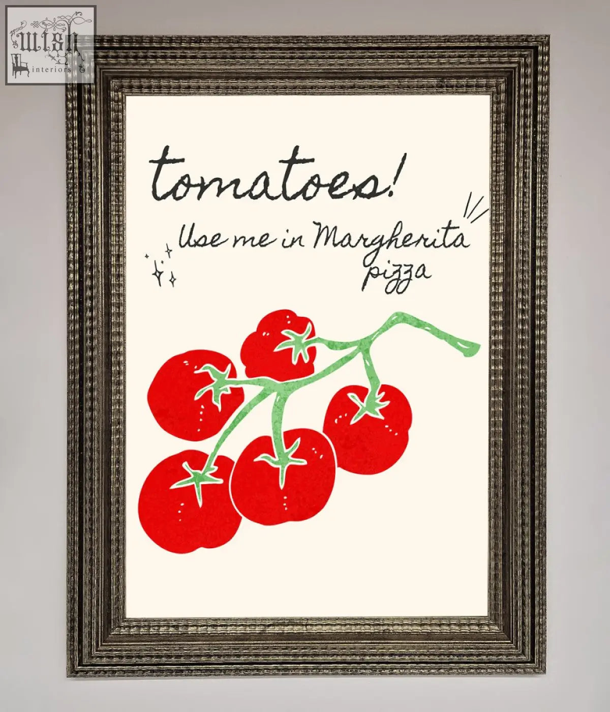 Framed poster with vibrant red tomato illustration and text for margherita pizza perfect pizza framed poster decor