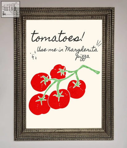 Framed poster with vibrant red tomato illustration and text for margherita pizza perfect pizza framed poster decor