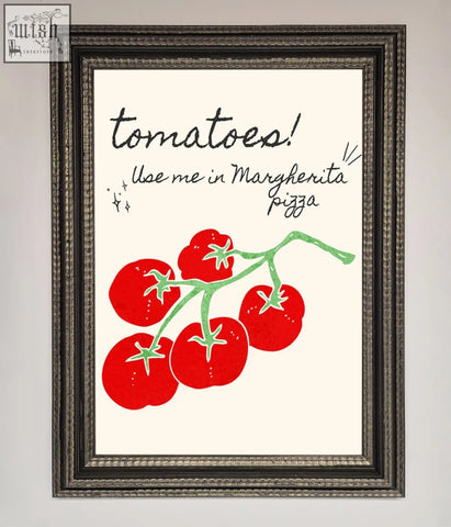 A vibrant pizza framed poster featuring a red tomato vine illustration with green stems and playful black cursive text