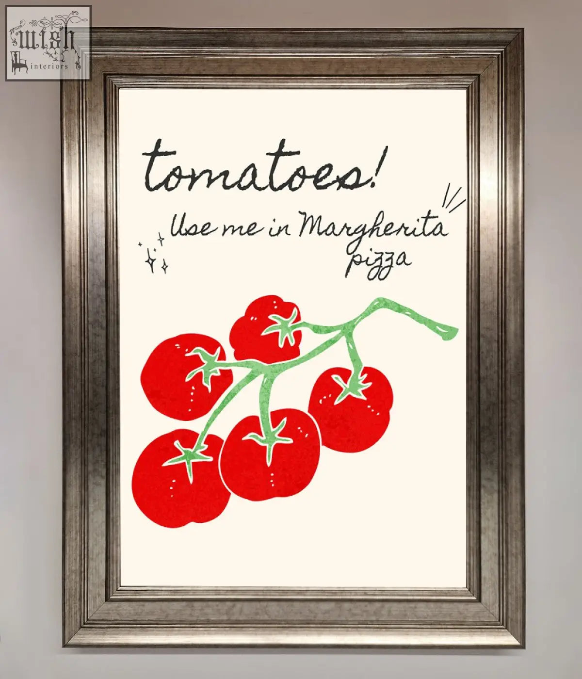 A pizza framed poster featuring a vibrant red tomato vine illustration with green stems and black cursive text on off-white