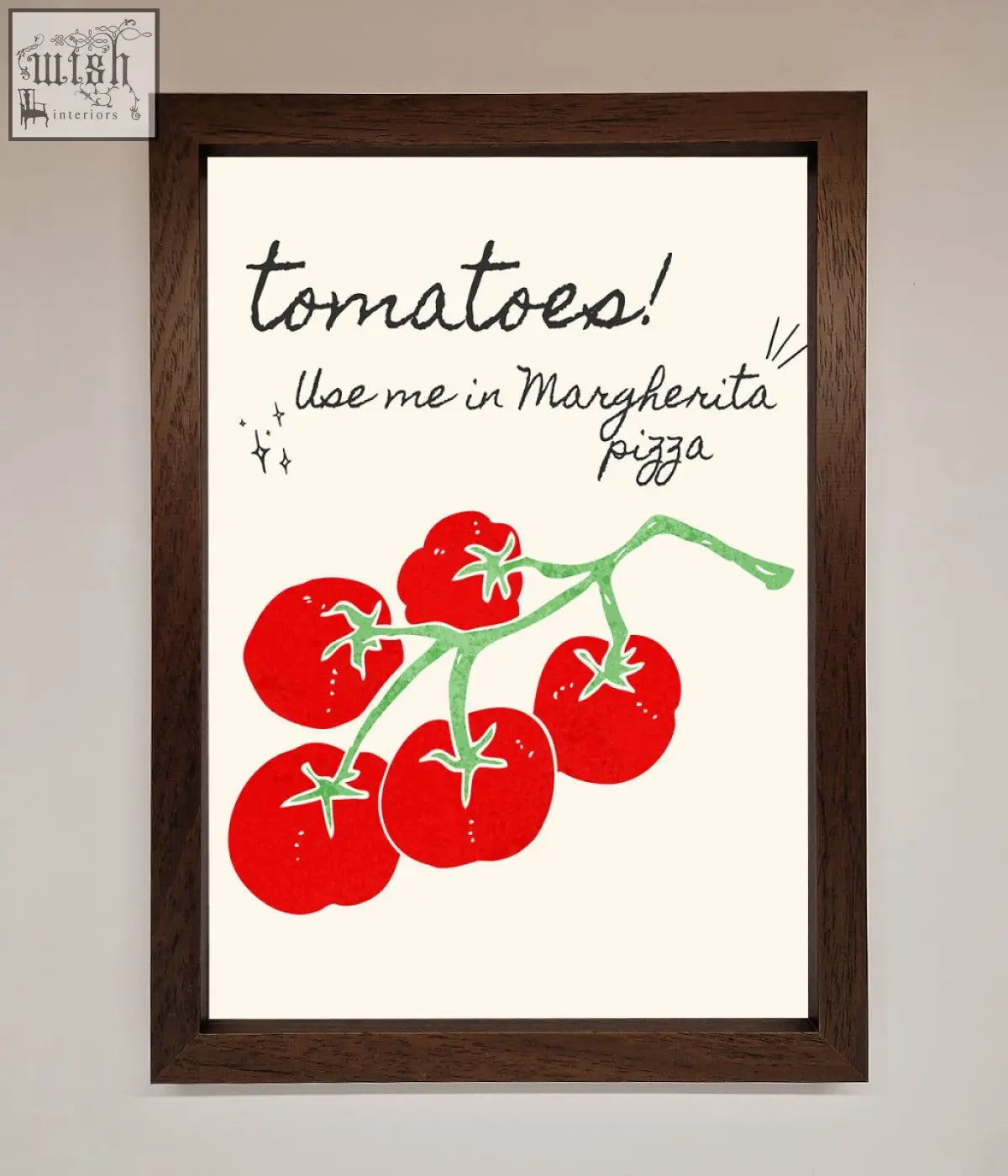 A pizza framed poster with vibrant artwork of red tomatoes on a vine against an off-white background