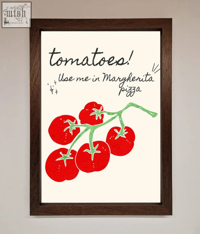 A pizza framed poster with vibrant artwork of red tomatoes on a vine against an off-white background