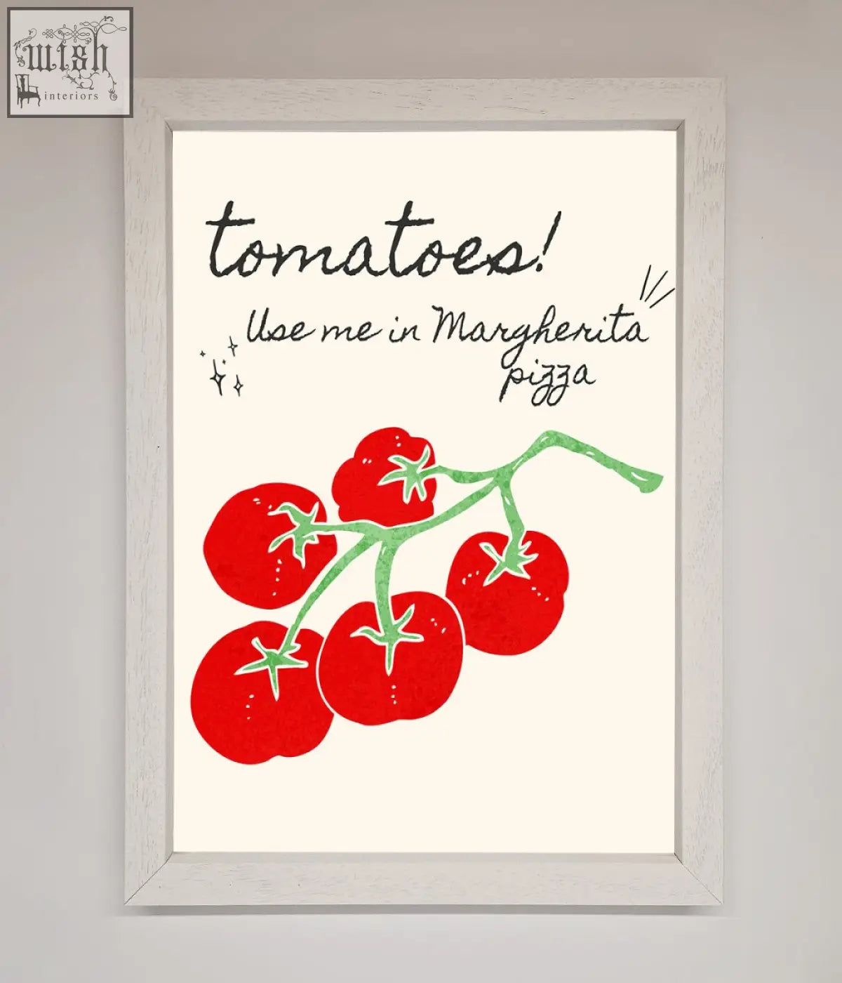 A vibrant red tomato illustration on an off-white pizza framed poster with text about using tomatoes for margherita pizza