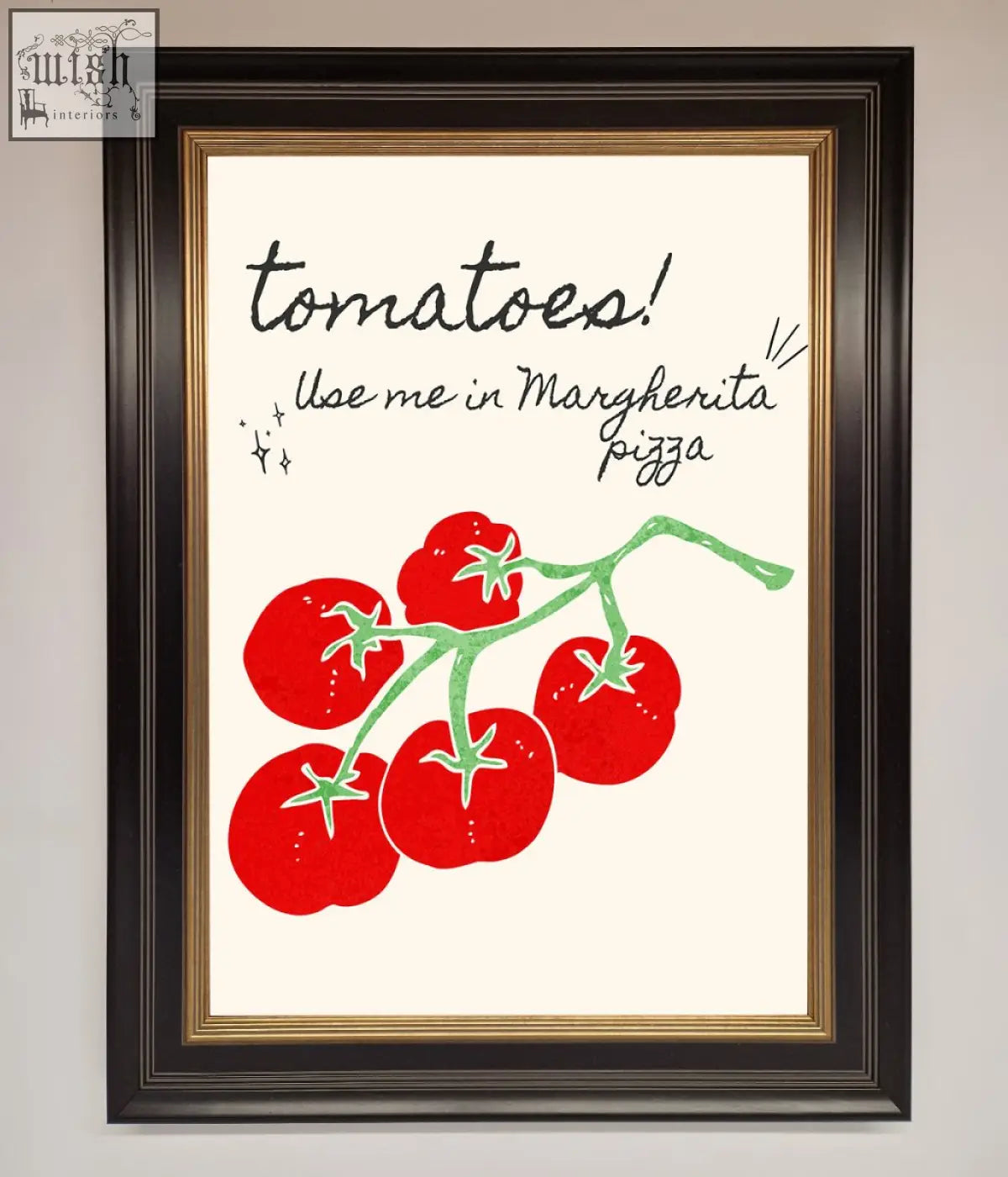 A vibrant red tomato vine illustration with green leaves on an off-white pizza framed poster for margherita pizza use
