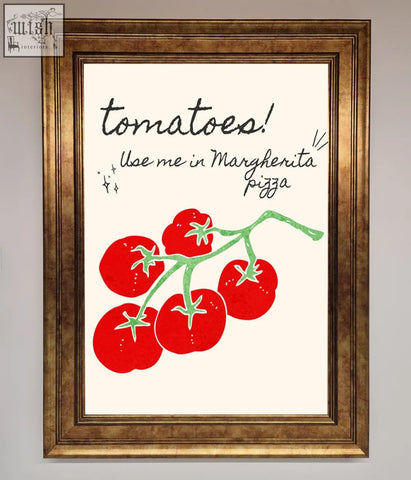 A pizza framed poster featuring a vibrant red tomato illustration with text about using tomatoes in margherita pizza