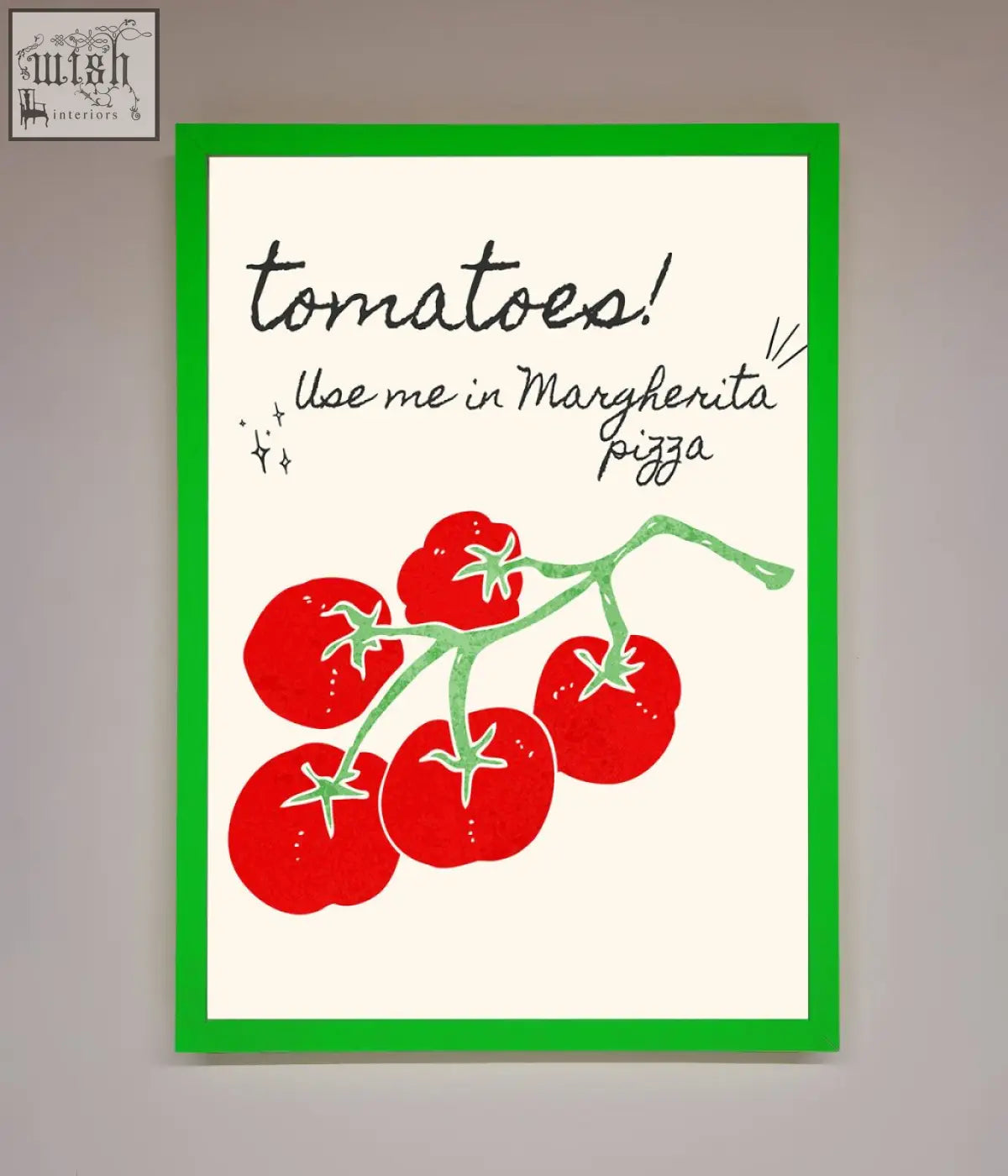 A vibrant pizza framed poster featuring red tomatoes on vine with green stems in bright green frame on off-white background